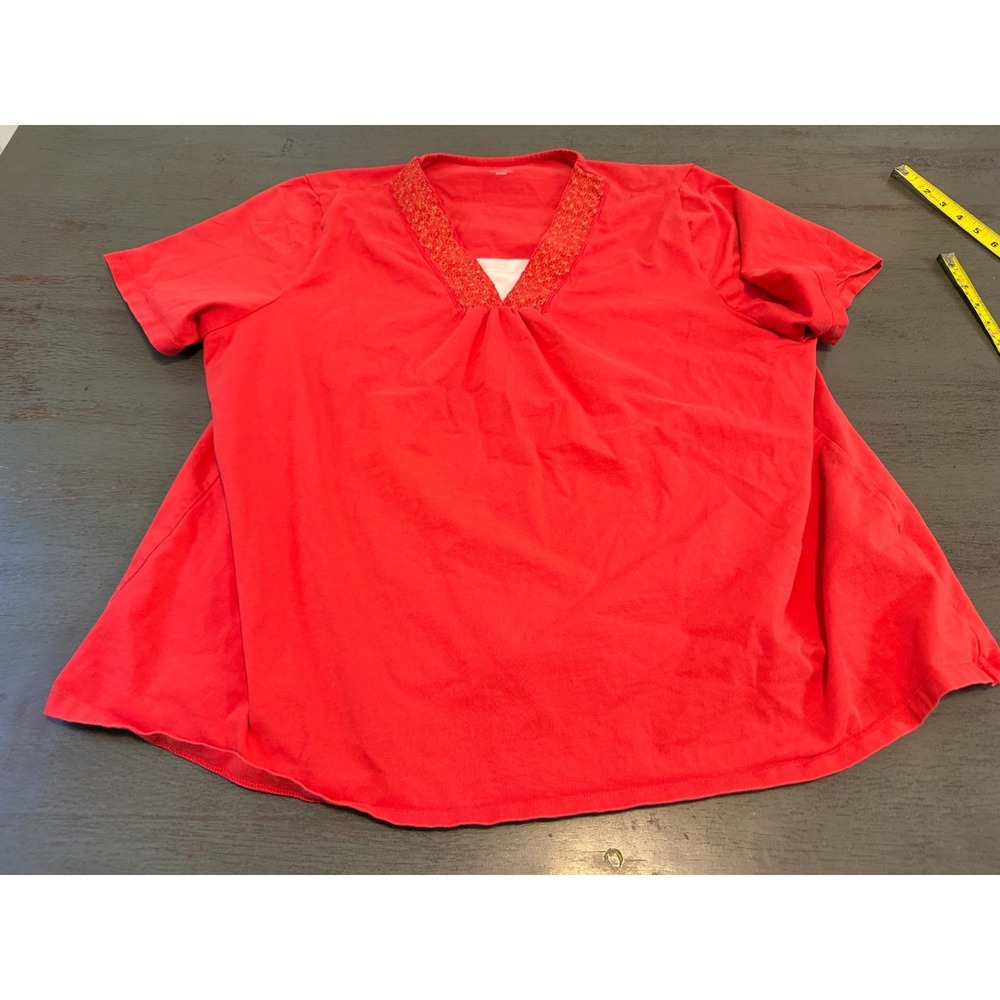 Catherine's Red Sequin V-Neck Short Sleeve Cotton Blouse Top Plus Size 2X 22/24W